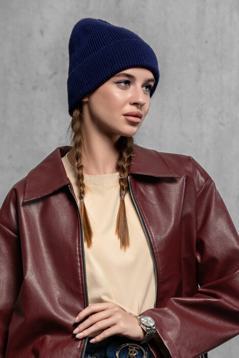 Жіноча шапка біні з ангори та меріно (Navy)